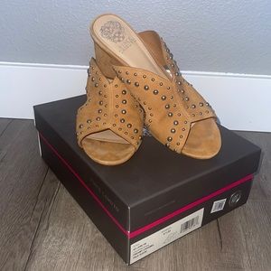 Vince Camuto creamy caramel true suede slip on heel